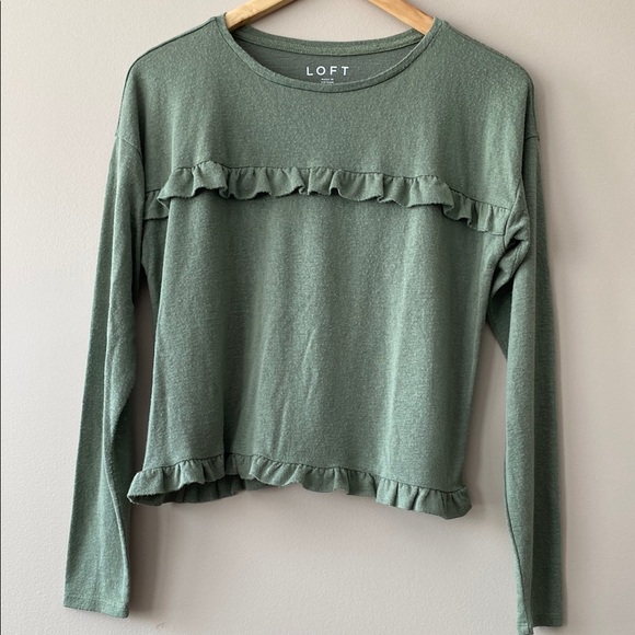LOFT Sage Green Ruffle Sleeve Long Sleeve Blouse - Picture 2 of 10